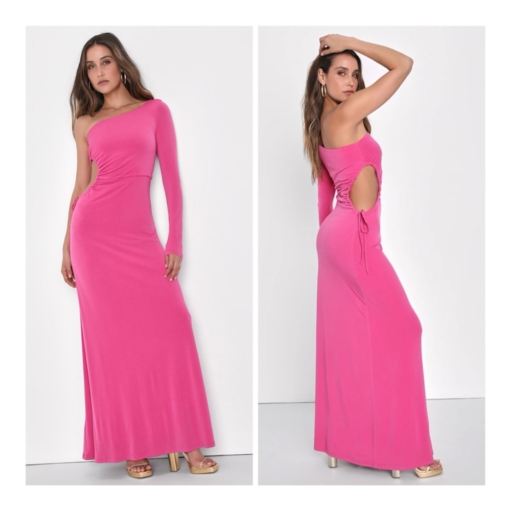 NEW Lulus XL Sweet Flirt Pink Long Sleeve One-Shoulder Cutout Maxi Dress